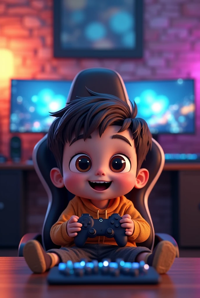 A very cute cartoon boy sitting on a gaming chair with a very nice gaming setup behind him and looking very cute and looking at me very nice quality photo