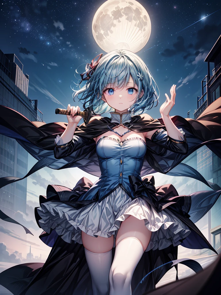 A highly detailed illustration of Sayaka Miki from "Puella Magi Madoka Magica." She is depicted in her magical girl form, wearing a blue and white outfit with a cape flowing behind her. Her short blue hair frames her determined face, with her blue eyes showing a mix of resolve and sadness. She wields a sword in one hand, standing in a dynamic pose as if ready for battle. The background features a night sky with a full moon, giving the scene a dramatic and intense atmosphere. The art style should be reminiscent of anime, capturing the emotional depth and complexity of her character.