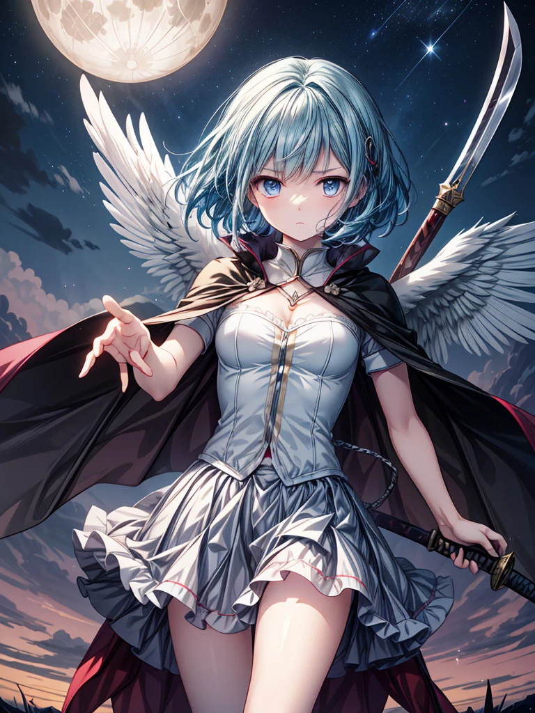 A highly detailed illustration of Sayaka Miki from "Puella Magi Madoka Magica." She is depicted in her magical girl form, wearing a blue and white outfit with a cape flowing behind her. Her short blue hair frames her determined face, with her blue eyes showing a mix of resolve and sadness. She wields a sword in one hand, standing in a dynamic pose as if ready for battle. The background features a night sky with a full moon, giving the scene a dramatic and intense atmosphere. The art style should be reminiscent of anime, capturing the emotional depth and complexity of her character.