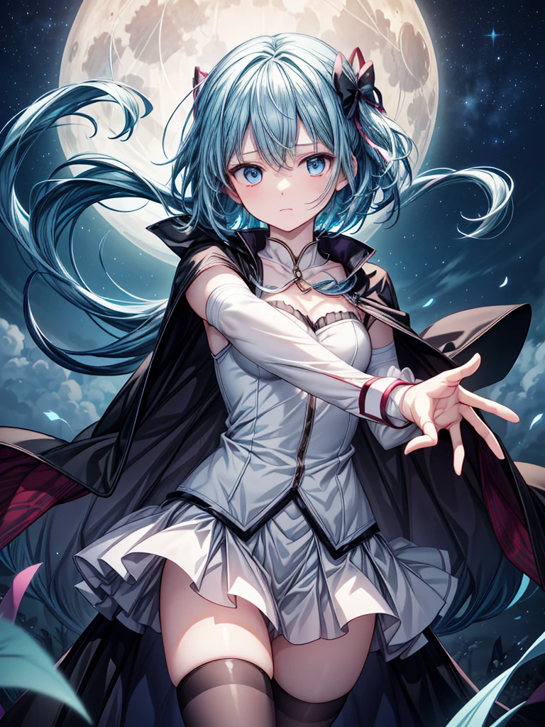A highly detailed illustration of Sayaka Miki from "Puella Magi Madoka Magica." She is depicted in her magical girl form, wearing a blue and white outfit with a cape flowing behind her. Her short blue hair frames her determined face, with her blue eyes showing a mix of resolve and sadness. She wields a sword in one hand, standing in a dynamic pose as if ready for battle. The background features a night sky with a full moon, giving the scene a dramatic and intense atmosphere. The art style should be reminiscent of anime, capturing the emotional depth and complexity of her character.