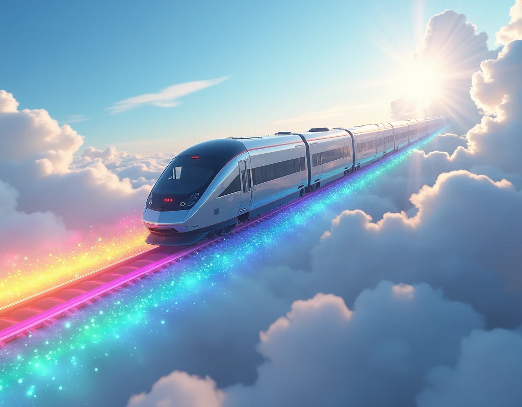masterpiece, Highest quality,( A train running through the sky, creating a rainbow track)、