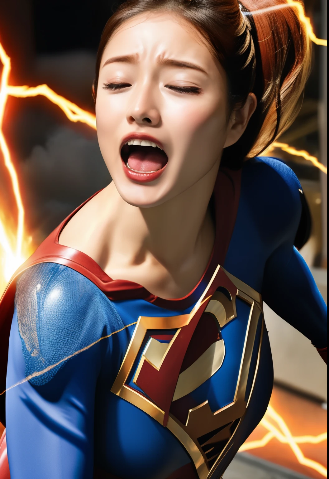 Supergirl, IshiharaSatomi, Powerful Attacks（Intense Electric Shock）Scream after being hit, Blow away, Painful expression, Panting, Eyes closed, Destroyed metropolis
