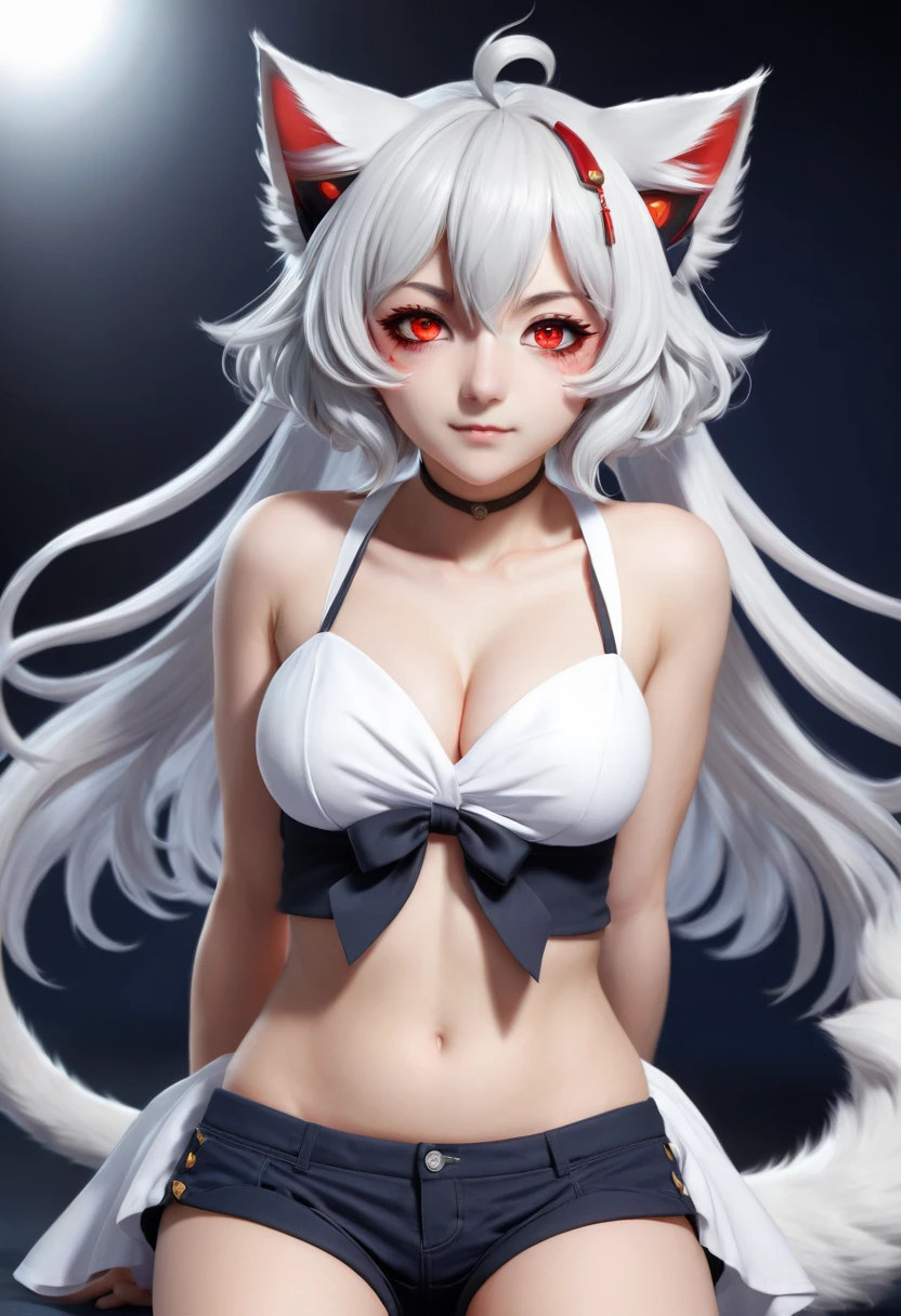 neferpitou, neferpitou, short hair, (red eyes:1.5),  animal ears, tail, white hair, shorts, cat ears, cat tail, curly hair, (small breast:1.2), BREAK looking at viewer, BREAK outside, BREAK (masterpiece:1.2), best quality, high resolution, unity 8k wallpaper, (illustration:0.8), (beautiful detailed eyes:1.6), extremely detailed face, perfect lighting, extremely detailed CG, (perfect hands, perfect anatomy),