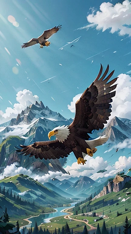 an eagle flying in the skies between the mountains