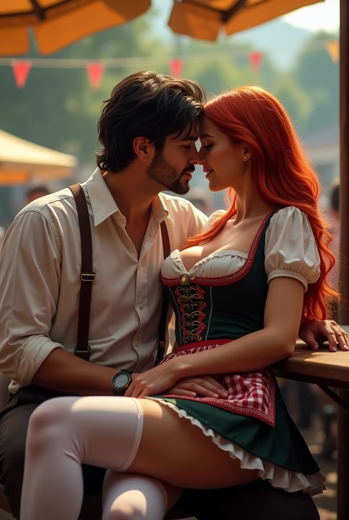 ultra realistic, photography, long red hair, 24 years old, hourglass figure, perfect body, natural huge breasts, seductive look, wearing a tight Dirndl dress with a nice cleavage, she is wearing white thigh high stockings, she is outside in a courtyard, on a sunny day, posing sexy, she is sitting at a beertable at Octoberfest, she is sitting on an attractive darkhaired men's lap, she is facing him, they are kissing and his hand slides under her skirt