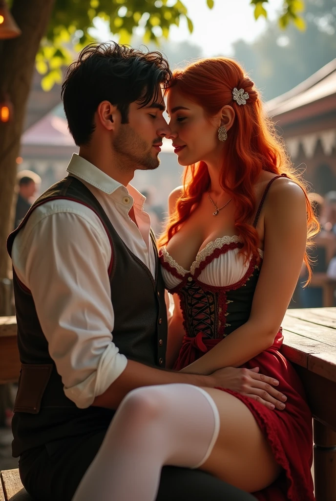 ultra realistic, photography, long red hair, 24 years old, hourglass figure, perfect body, natural huge breasts, seductive look, wearing a tight Dirndl dress with a nice cleavage, she is wearing white thigh high stockings, she is outside in a courtyard, on a sunny day, posing sexy, she is sitting at a beertable at Octoberfest, she is sitting on an attractive darkhaired men's lap, she is facing him, they are kissing and his hand slides under her skirt