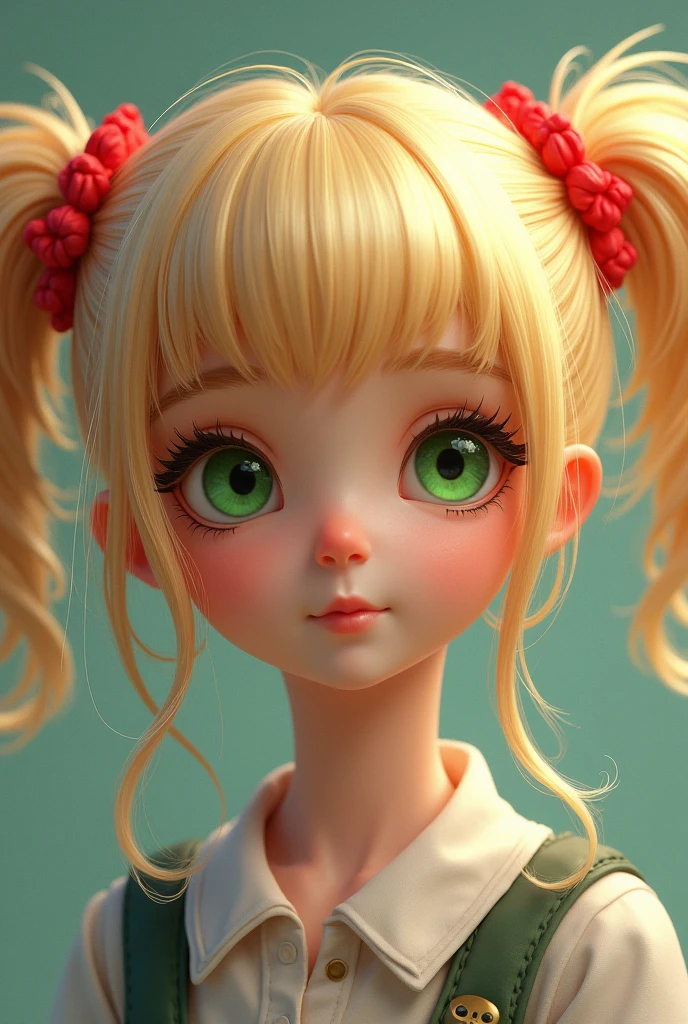 A girl with blonde hair in two short pigtails with red tips and two long strands of hair around her face, also with red tips and green eyes