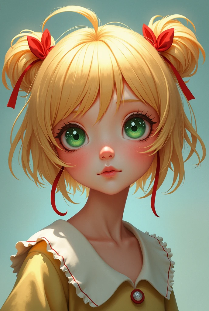 A girl with blonde hair in two short pigtails with red tips and two long strands of hair around her face, also with red tips and green eyes