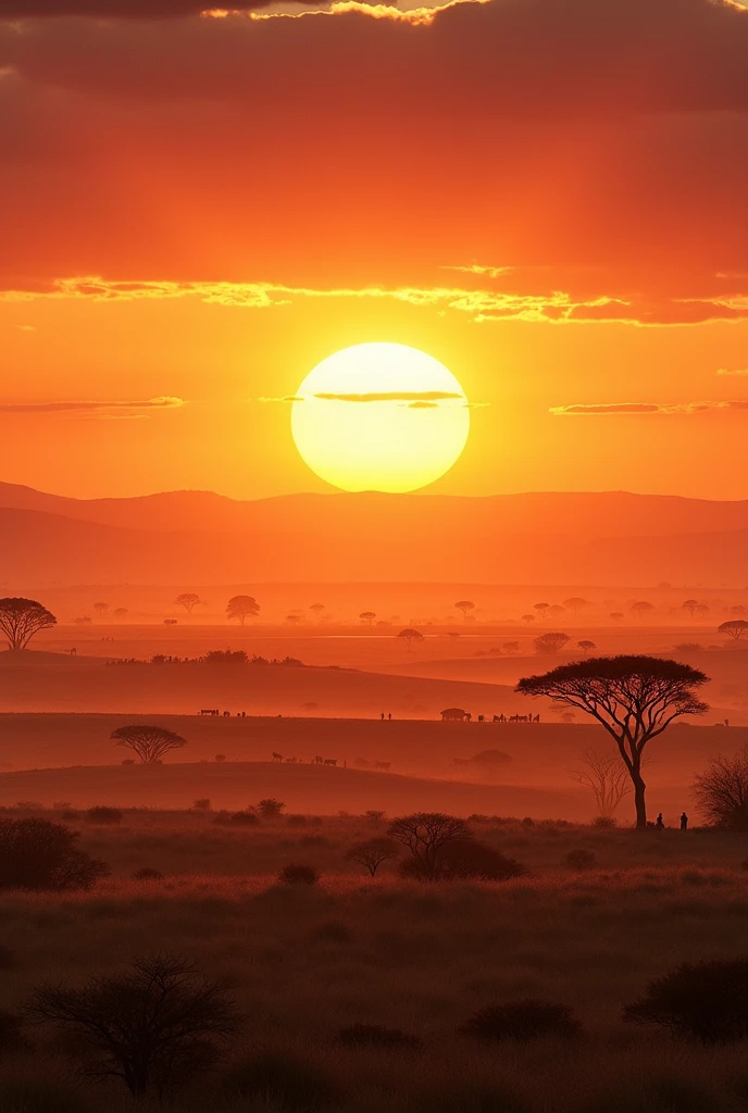 Wide shot of an African plain at sunrise, with a vivid orange and red sky. Animals moving across the landscape. In the foreground, a traditional village of the Gaza Kingdom with people starting their day. Documentary style.