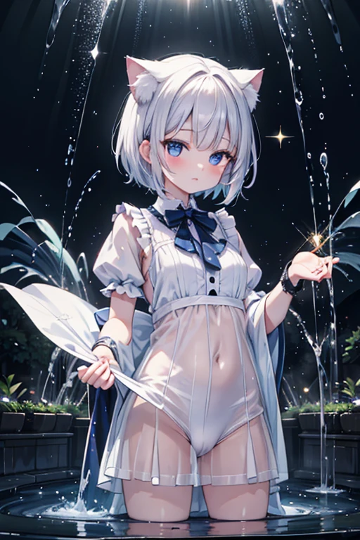 super fine illustration, masterpiece,super detailed,best quality, 8k,cat girl,white short hair,blue eyes,BREAK she playing in a fountain, on a hell world BREAK the water splashes are sparkling (sparkle: 1.5).detailed background,beautiful background, 