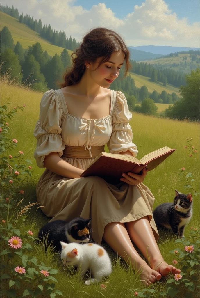 The reader (1772), by Jean-Honoré Fragonard The woman in modern clothes, and with kittens on the floor, in a field, in the wild 