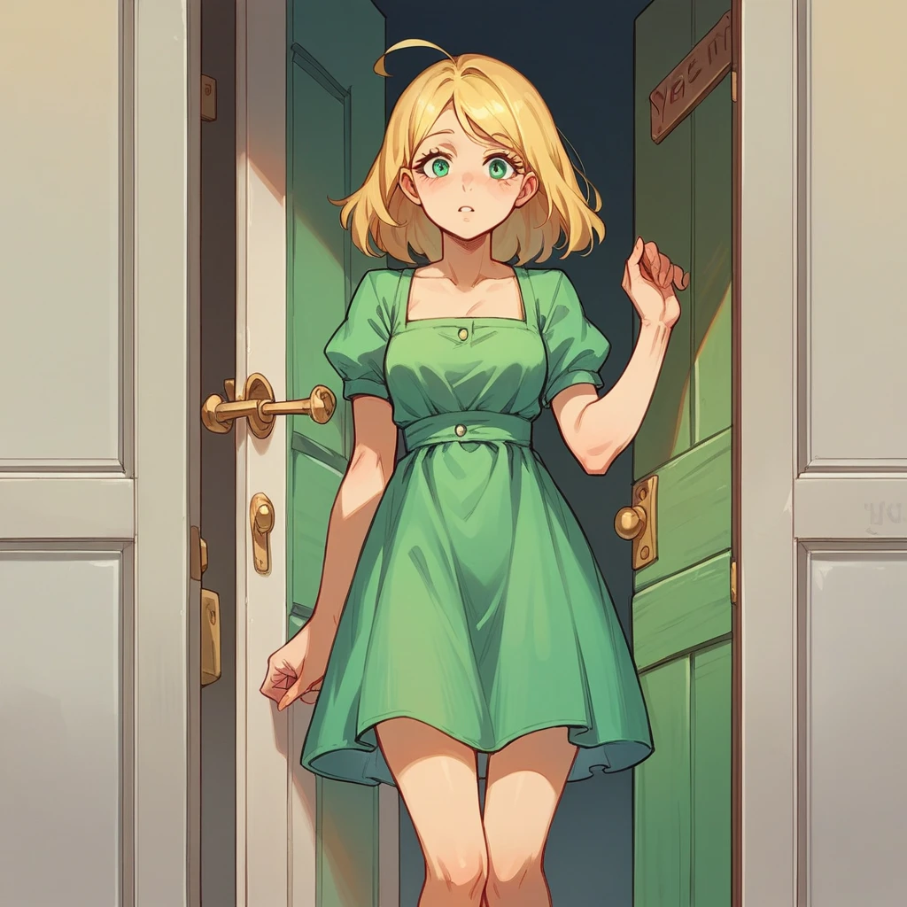 your ex (in her 20s) is at your front door. she has is picking up her stuff from your place. she has long blonde hair and is wearing a green sundress