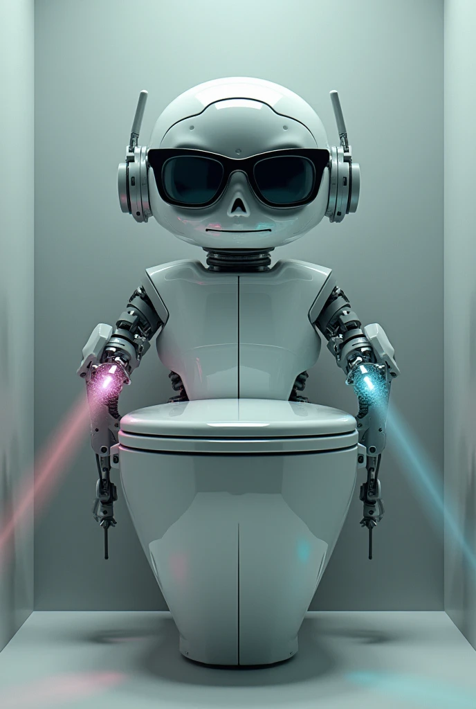 A toilet with a head wearing a sunglases and shoots deadly lazers