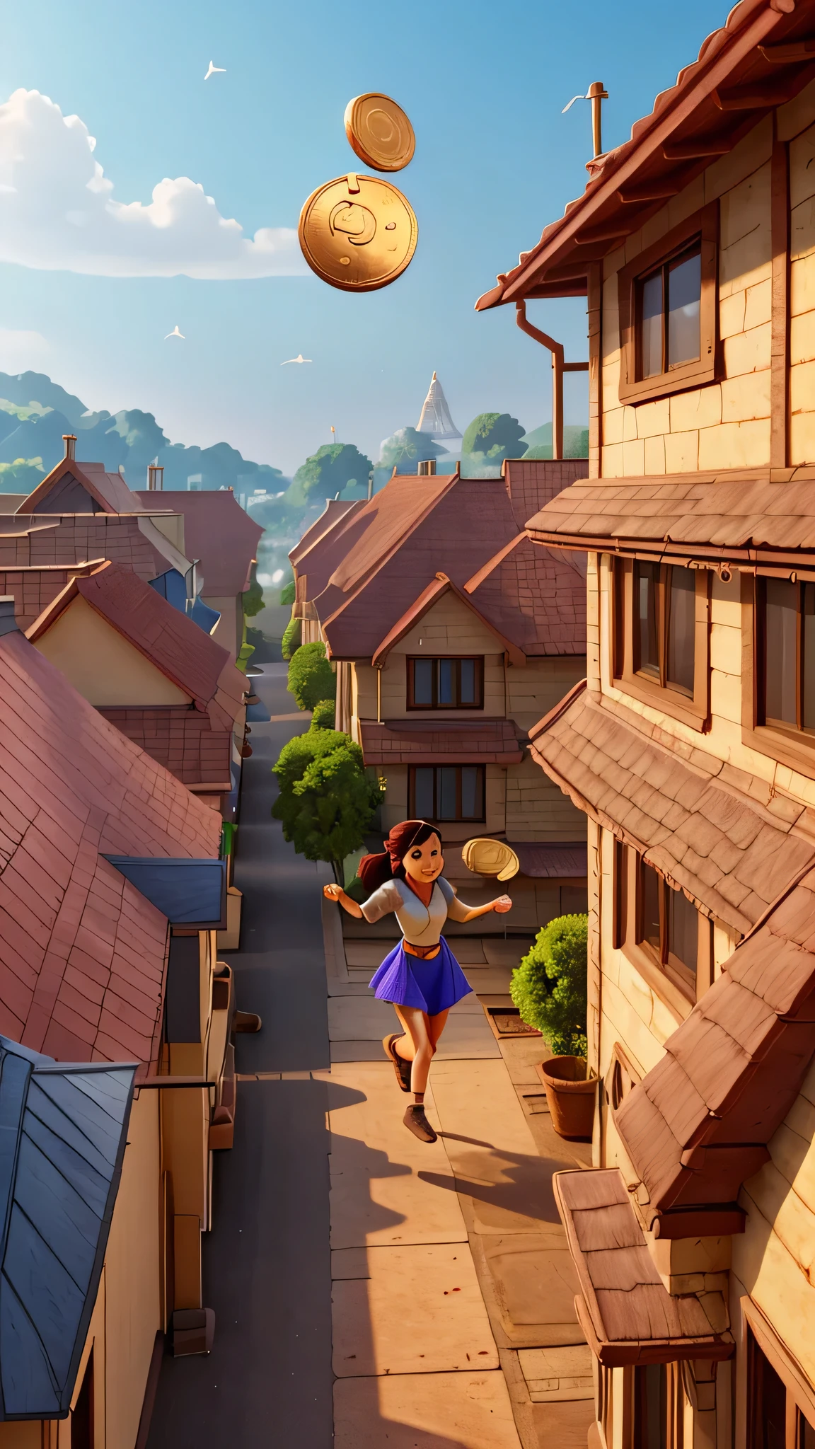 A lady is throwing a one rupee coin into the street from the roof of the house.