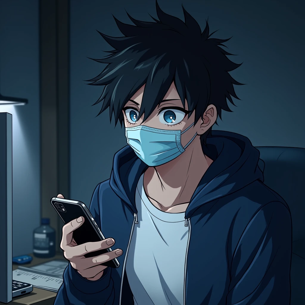 One person,Handsome,Black Hair, blue eyes, White T-shirt,Navy blue jacket,smartphone,computer,mask,Anime Style,An illustration,Drooping eyes,Illness,night,Streamer asymmetrical hairstyle, seems kind,Confused eyes,maskで鼻を隠す,Droopy eyes,Ruler,internet