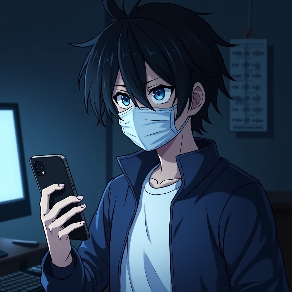 One person,Handsome,Black Hair, blue eyes, White T-shirt,Navy blue jacket,smartphone,computer,mask,Anime Style,An illustration,Drooping eyes,Illness,night,Streamer asymmetrical hairstyle, seems kind,Confused eyes,maskで鼻を隠す,Droopy eyes,Ruler,internet