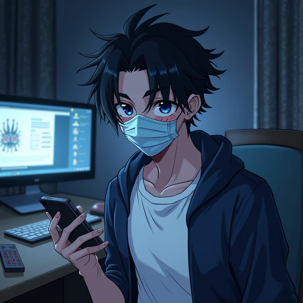 One person,Handsome,Black Hair, blue eyes, White T-shirt,Navy blue jacket,smartphone,computer,mask,Anime Style,An illustration,Drooping eyes,Illness,night,Streamer asymmetrical hairstyle, seems kind,Confused eyes,maskで鼻を隠す,Droopy eyes,Ruler,internet