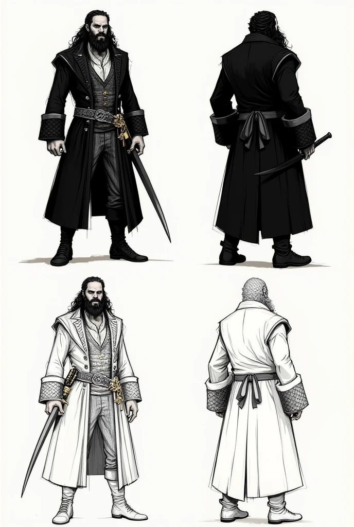4 sketches of Blackbeard, concept art, pirate captain, full length, only outlines, thick beard, piercing eyes, long black coat, with a richly decorated sword on his belt, Without background