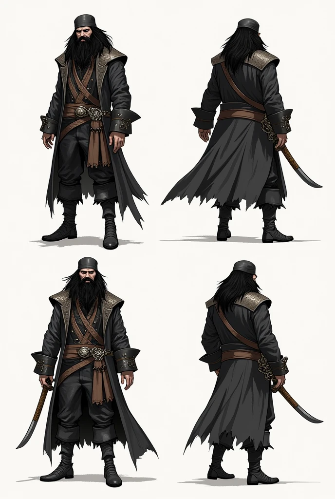 4 sketches of Blackbeard, concept art, pirate captain, full length, only outlines, thick beard, piercing eyes, long black coat, with a richly decorated sword on his belt, Without background
