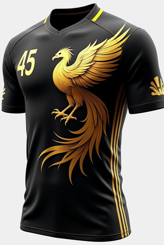 Black jersey with golden phoenix on the right chest and number 45 on the back and IAG as brand sponsor on the left hand