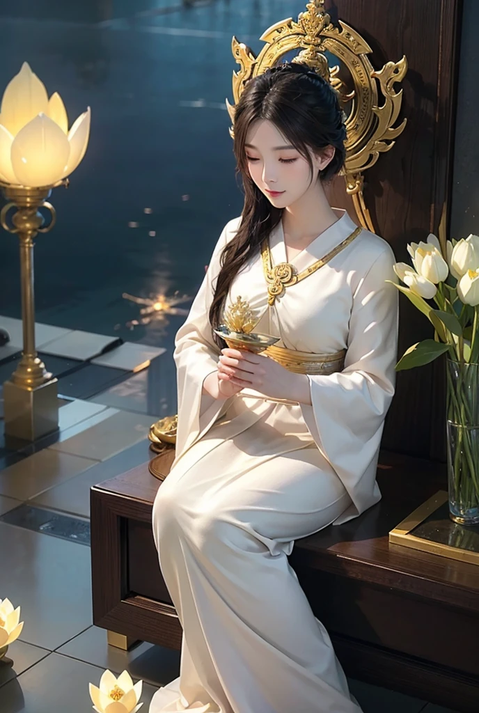 A graceful and divine image of the Goddess Guanyin standing or seated on a blooming lotus, holding a vase of holy water in one hand and bestowing blessings with the other. The Goddess is surrounded by a soft, glowing light with a calm ocean and gentle waves in the background. The image should evoke a sense of compassion, peace, and protection.