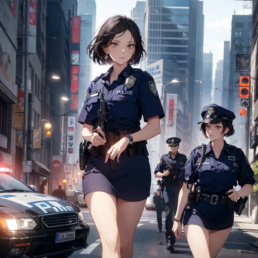 Highest quality、masterpiece、8k、Realistic、超High resolution、Very delicate and beautiful、High resolution、Cinema Lighting、medium range shooting、Perfect female body、Beautiful woman、Mature Woman、Beautiful Eyes、Cityscape、(short hair:1.8、Black Hair)、((Female police officer:1.4、Navy blue female police officer、Female police officer's cap、Uniform Buttons、Navy blue tie、Uniform jacket、White gloves))、pantyhose、Pencil Skirt、Stiletto heel pumps、Police Badge、Epaulettes、