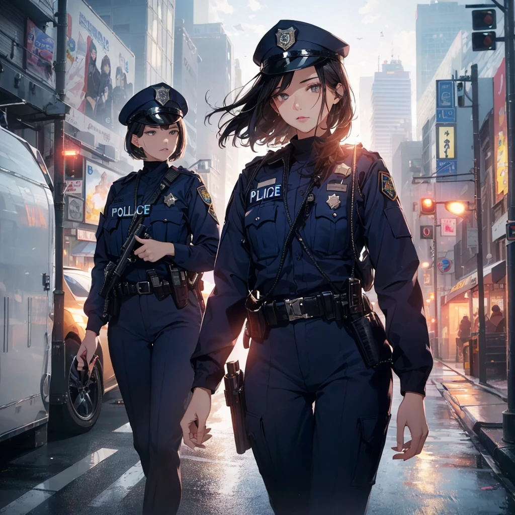 Highest quality、masterpiece、8k、Realistic、超High resolution、Very delicate and beautiful、High resolution、Cinema Lighting、medium range shooting、Perfect female body、Beautiful woman、Mature Woman、Beautiful Eyes、Cityscape、(short hair:1.8、Black Hair)、((Female police officer:1.4、Navy blue female police officer、Female police officer's cap、Uniform Buttons、Navy blue tie、Uniform jacket、White gloves))、pantyhose、Pencil Skirt、Stiletto heel pumps、Police Badge、Epaulettes、