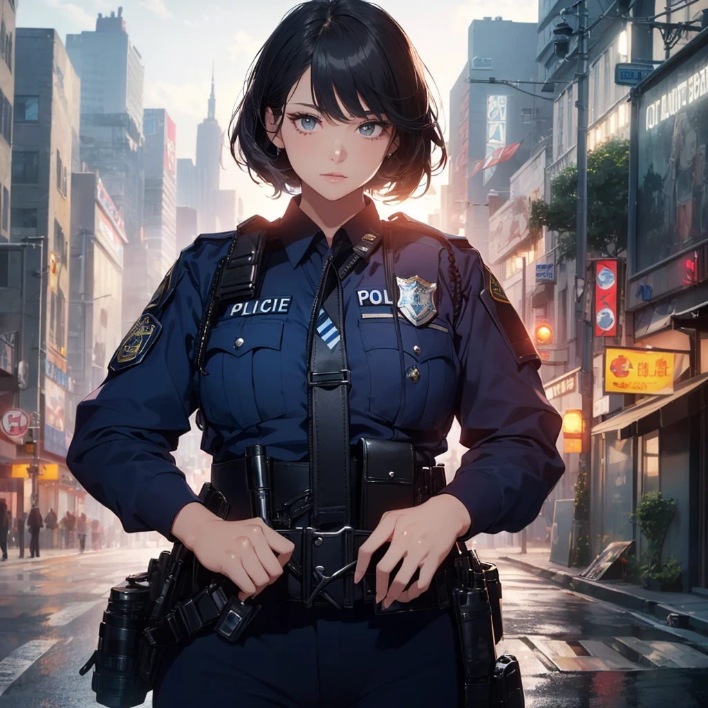 Highest quality、masterpiece、8k、Realistic、超High resolution、Very delicate and beautiful、High resolution、Cinema Lighting、medium range shooting、Perfect female body、Beautiful woman、Mature Woman、Beautiful Eyes、Cityscape、(short hair:1.8、Black Hair)、((Female police officer:1.4、Navy blue female police officer、Female police officer's cap、Uniform Buttons、Navy blue tie、Uniform jacket、White gloves))、pantyhose、Pencil Skirt、Stiletto heel pumps、Police Badge、Epaulettes、