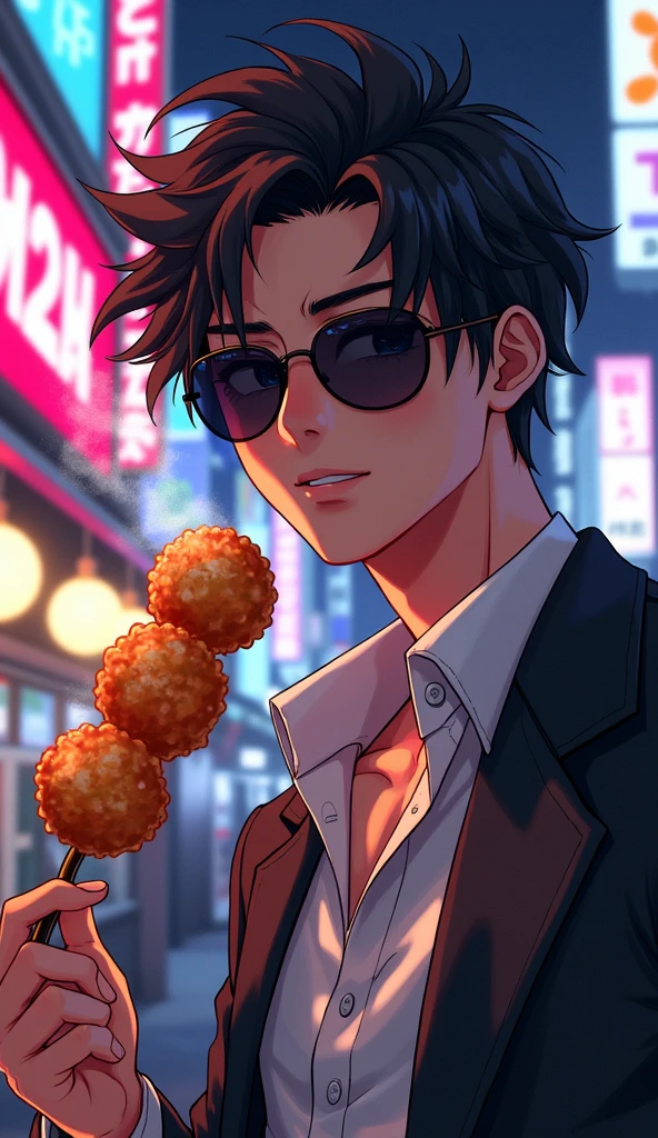 Anime guy with sunglasses eating takoyaki