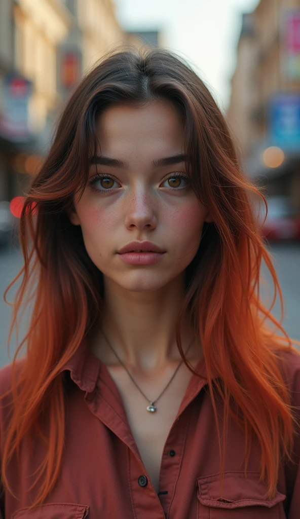 A realistic photograph of a stunning girl with [colorful hair] with [dark roots], a [small nose], highly detailed face, detailed woman face, detailed hand, beautiful [brown eyes], wearing a [shirt], in [city], [full body], highly detailed, cinematic, professional, bright color, dramatic ambient dynamic, thought, majestic, rich deep colors, vivid, stunning, graceful, wonderful, magic, perfect, pretty, marvelous, pure, scenic, sharp focus, extremely inspirational, elegant, colossal, epic, fine detail, sincere, amazing, singular, beautiful, fantastic