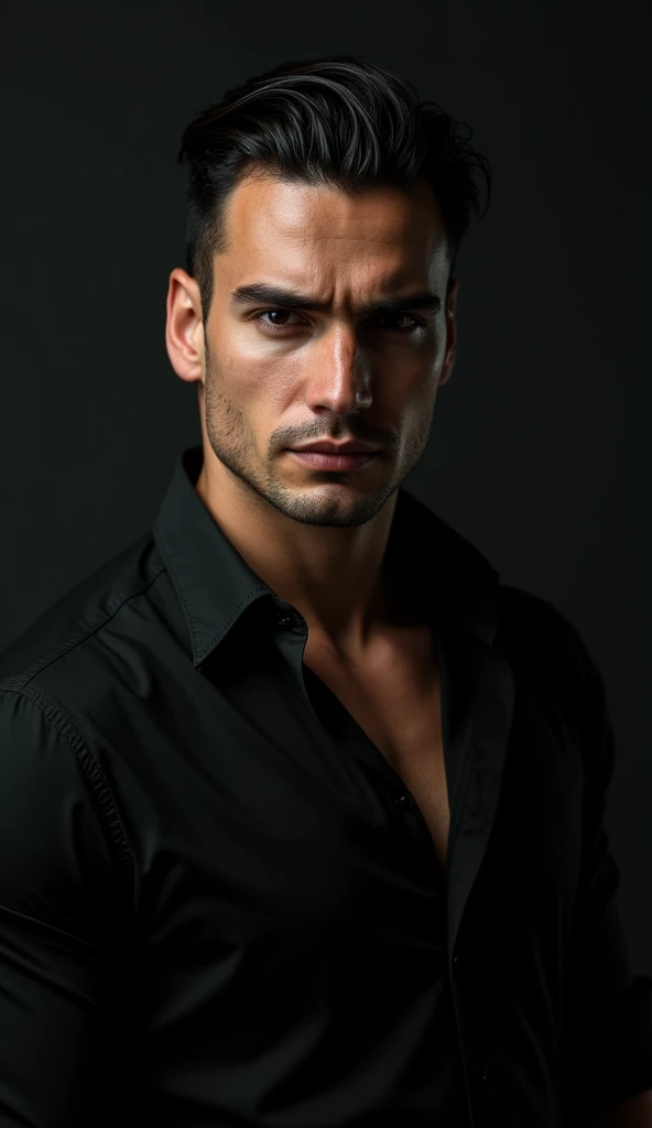 He looked relatively young with black eyes, who looked at me intensely. His slick back undercut styled hair, the broad body, the black shirt with two open buttons at the top and rolled up sleeves gave him an attractive, but also dangerous appearance. A striking face, which was characterized by a certain coldness, suggested, that this man was not easy to understand. His gaze was piercing, and his grin revealed a certain self-confidence, that caught my attention, dark background