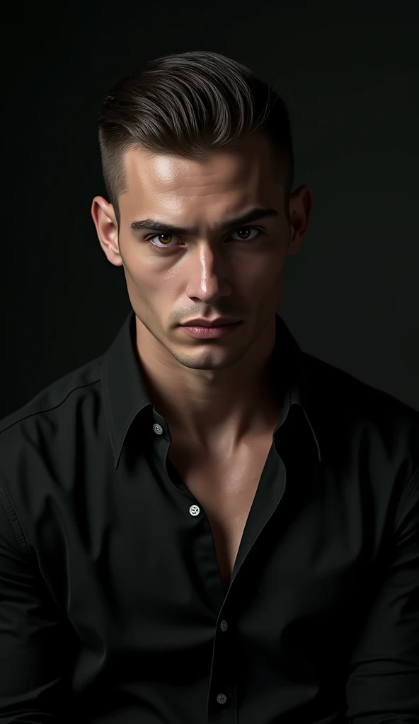 He looked relatively young with black eyes, who looked at me intensely. His slick back undercut styled hair, the broad body, the black shirt with two open buttons at the top and rolled up sleeves gave him an attractive, but also dangerous appearance. A striking face, which was characterized by a certain coldness, suggested, that this man was not easy to understand. His gaze was piercing, and his grin revealed a certain self-confidence, that caught my attention, dark background