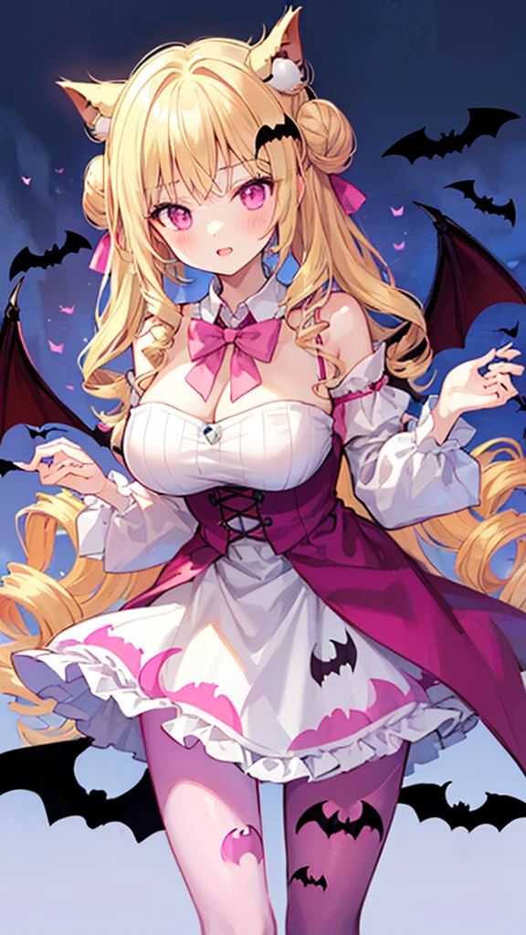 vampire girl,(vampire wing),Bat-shaped hair ornament,blonde hair,twin drill long hair with bun,white dress,frilly skirt,huge udder,(((bat print pink_pantyhose_pink)))),