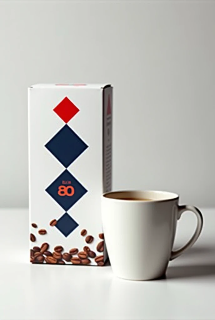 cria pra mim umthe box de conjunto de xícaras para café, with 4 units of 80 ML cups each, the box precisa ser azul escuro com vermelho e branco , the line will be "diamond", Get inspired by the brands' cup boxes and products "house power", "lyor", "tramontina" "lehavi". Quero que seja umthe box mais clean, For everyday life, for housewives. In this case, the cups don't matter much to me., and yes, the box. I need inspiration for my brand. The box must be white., dark blue and red, gostaria de uns desenhos de grão de café nthe box também, there are 4 cups. I NEED THE BOX VERY CLEAN, GET INSPIRED BY THE BRANDS I MENTIONED, WHITE BOX WITH DARK BLUE AND RED DETAILS, WITH IMAGE OF THE CUP ON THE BOX.