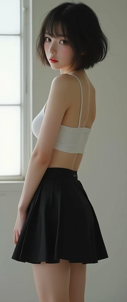 Realistic glowing skin, (発Sweat:1.8),Stand backwards,Look back at your face,Always look at the camera,(発Sweat:1.8),(Beautiful nipples in real life:1.6),,(whole body:1.9),(発Sweatしたリアルな白い肌:1.9),White socks, (Black leather shoes:1.8),
,Cold look,Cold Stare,Black Hair,short hair,Tie your hair short,Silky translucent white skin,,(Very detailed美しい顔), Great face and eyes, (Highest quality:1.4), (Very detailedな), (Very detailed CG 統合 8k 壁紙), Very detailed, High resolution raw color photos, Professional photography, Realistic portrait,Sweat,,(A Cup:1.9),(Flat Chest:1.9),(Very small breasts:1.9),(Breast augmentation:0.1),(Small breasts beginning to swell:1.9),(Breasts during puberty:1.9),
, (少女のwhole bodyの詳細なRAW写真), Canon EOS R5 250mm, Sharp focus, Cinema Lighting,  (No makeup:1.2), Fine skin, Delicate collarbone,,(Ultra-high resolution:1.6), (Realistic:1.6),,(Japanese junior high school girls:1.9),(whole body:1.8),(Sweatが滴る肌:1.9),(Black pleated skirt for the lower body only:1.9),(Sweatで滲んだ肌:1.9),Age: Early teens,(Raise one hand above your head:2),(Topless:1.9),Height is 155cm