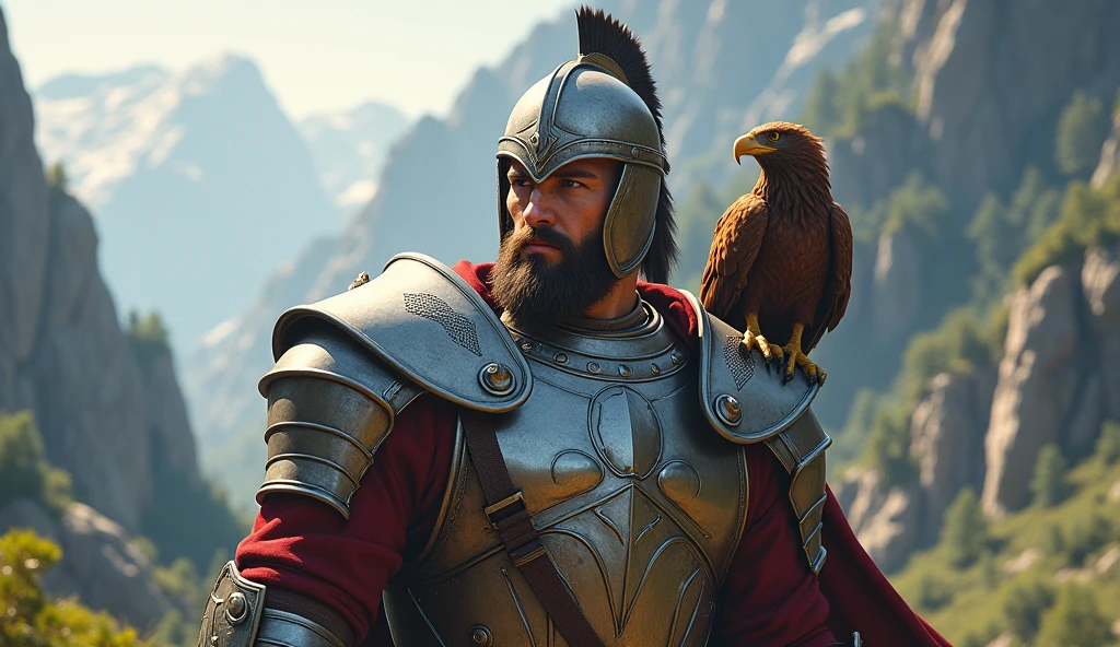 Medieval warrior  with eagle at his shoulder and Medieval military gear