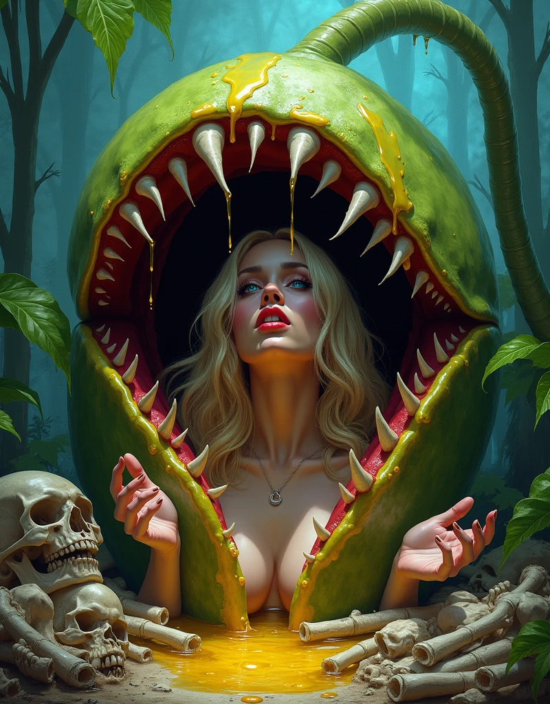 On a horrible swamp island where human bones have piled up, a blonde-haired, blue-eyed femme fatale of unparalleled beauty peeks out her honey-covered upper body from the predatory mouth of a gigantic, eerie, psychedelic, primary-colored pitcher plant, and stares at the viewer with a seductive smile, holding out both hands inviting her in. Character focus, pov, looking at viewer, evil seductive smile,