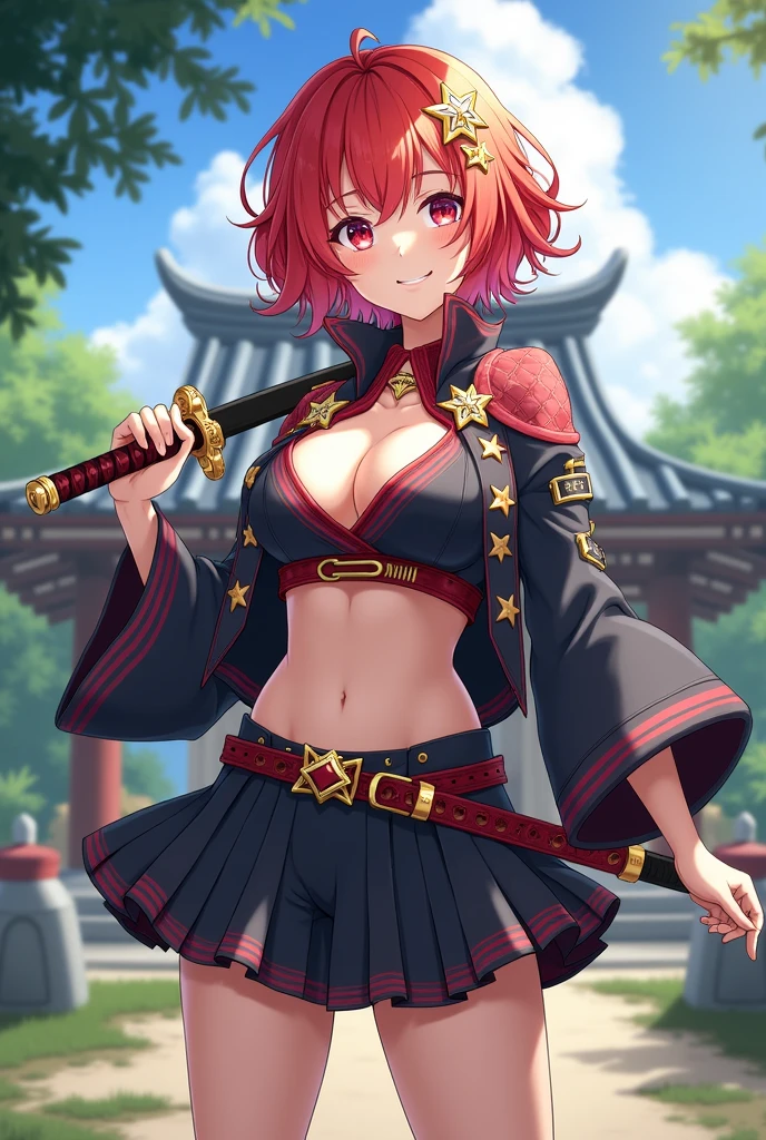 My boku no hero, Female gender, reddish hair, by the wide, with a star brooch on her head, background a temple of a farm in Japan, Girl in a demon hunter uniform with open chest and short skirt and a katana with stars design in her hand