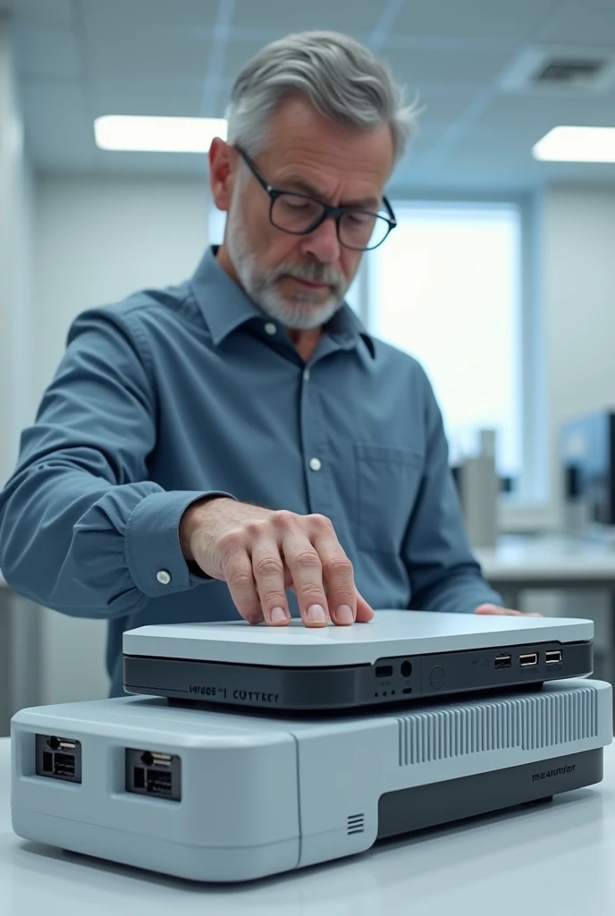 Create an image of a man holding a s2000 series scanner/s2000w of the newer top and bottom of this, showing the care that must be taken when grabbing this