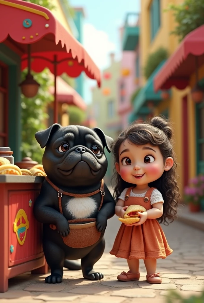 Black pug with a white spot on his chest selling tacos next to a chubby girl