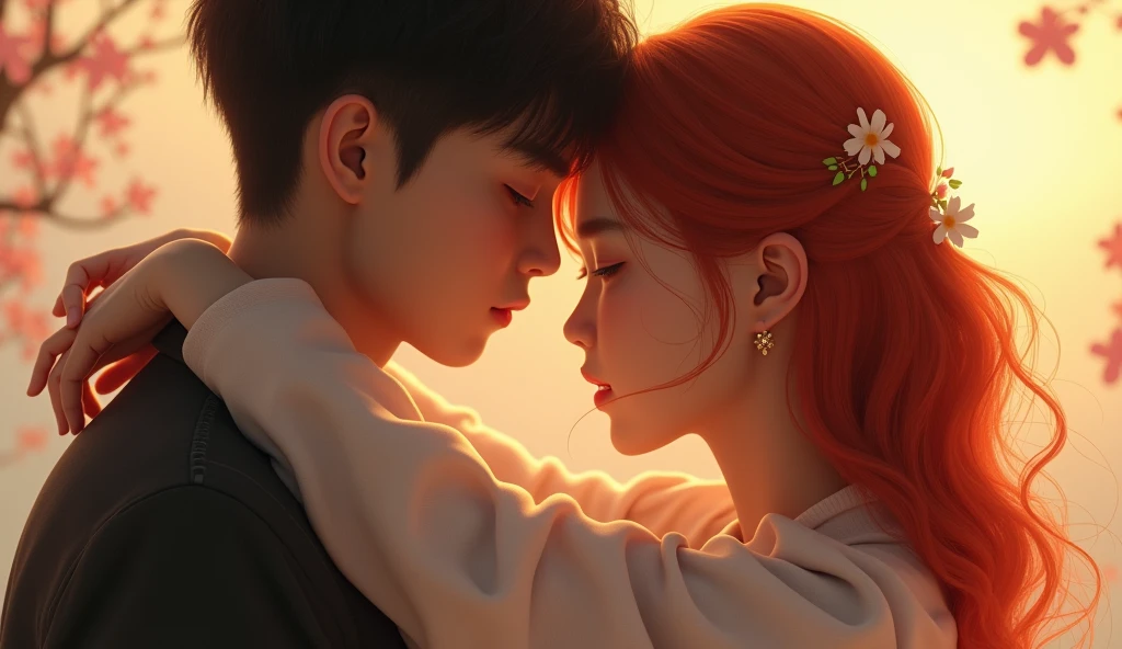 photorealism, The photo shows a man and a woman hugging., The girl has bright red hair and round cheeks, oops and sakimichan, 8K Artgerm Bokeh, Jang Seung Yeop, work in Guweiz style, & Jihyun Lee & oops, high quality fanart, Jinyoung Shin, by Jeonsuk Lee