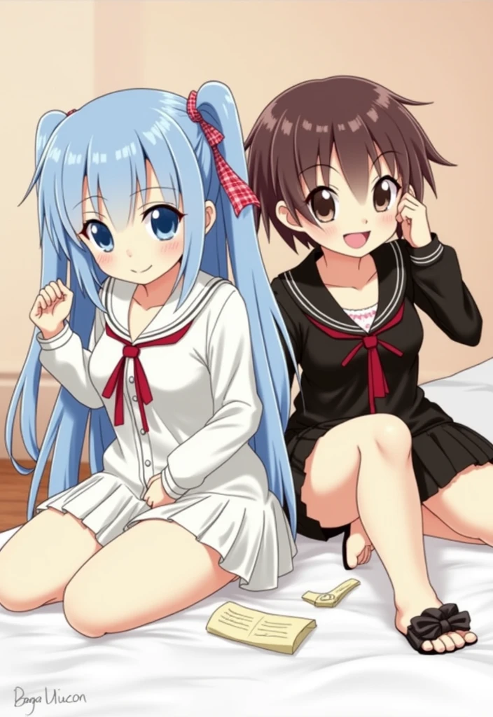 Elementary school girl, , A cup breasts, white hair, long hair, purple eyes, smiling face(one person) Pink sleeveless top Black mini skirt and white panties((I can see her panties)) Barefoot Girls Room Sitting on the floor Dynamic angle Low angle bear girl cat girl