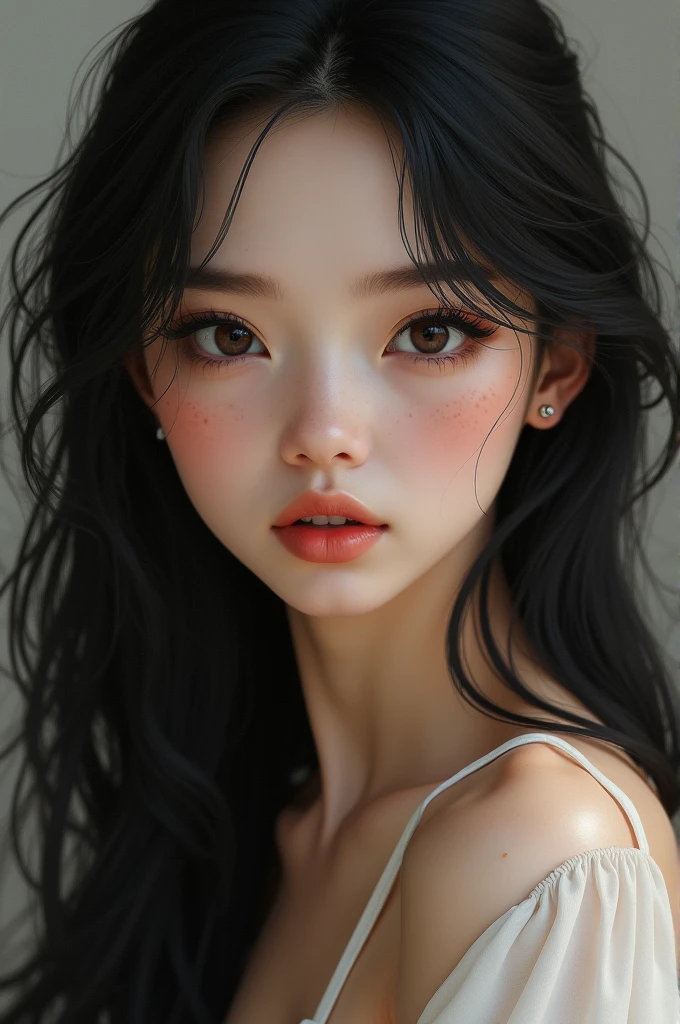 Well, darling, she begins, I have long, luscious black hair that falls in soft waves down my back. My eyebrows are naturally arched and dark, framing my face perfectlyalmost chocolate-colored, with long lashes that add to their allure. And as for facial hair, I have a delicate sprinkling of freckles across my nose and cheeks, giving me a charming, innocent look.white and slim skin