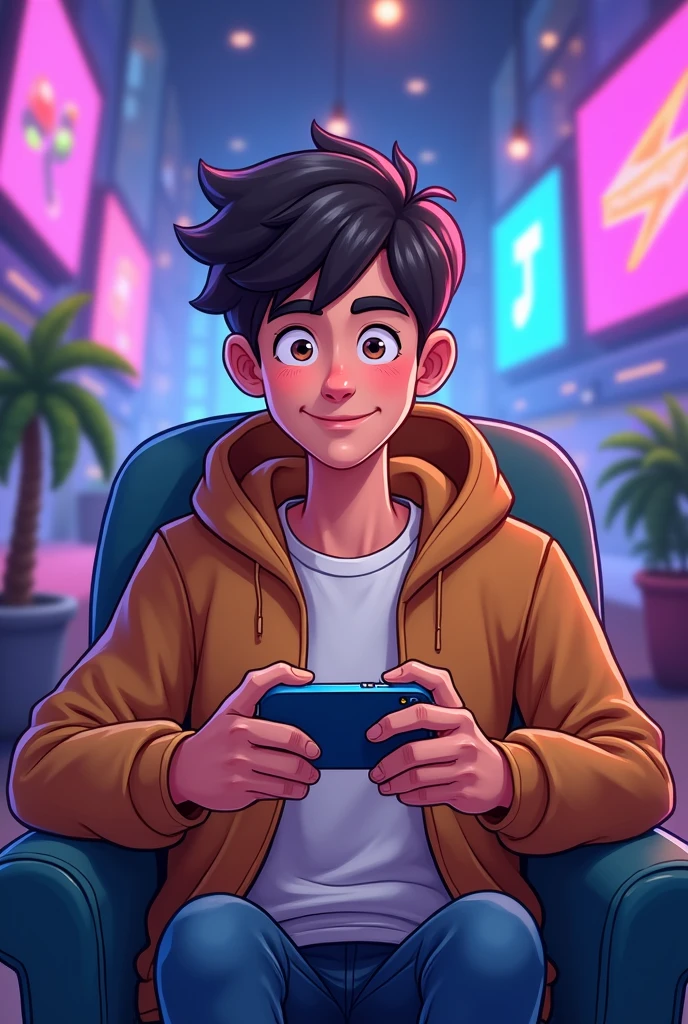 A very cute cartoon boy he is 20 years old looking very cute and sitting on a chair with a gaming phone in his hand and looking at me and a very nice gaming background behind him