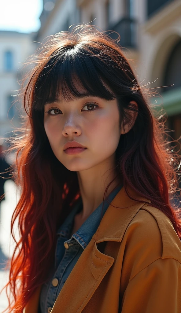 A realistic photograph of a stunning girl with [colorful hair] with [dark roots], a [small nose], highly detailed face, detailed woman face, detailed hand, beautiful [brown eyes], wearing a [shirt], in [city], [full body], highly detailed, cinematic, professional, bright color, dramatic ambient dynamic, thought, majestic, rich deep colors, vivid, stunning, graceful, wonderful, magic, perfect, pretty, marvelous, pure, scenic, sharp focus, extremely inspirational, elegant, colossal, epic, fine detail, sincere, amazing, singular, beautiful, fantastic