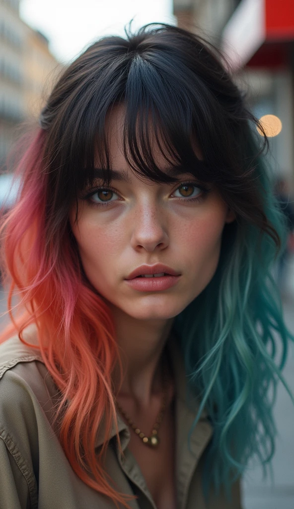 A realistic photograph of a stunning girl with [colorful hair] with [dark roots], a [small nose], highly detailed face, detailed woman face, detailed hand, beautiful [brown eyes], wearing a [shirt], in [city], [full body], highly detailed, cinematic, professional, bright color, dramatic ambient dynamic, thought, majestic, rich deep colors, vivid, stunning, graceful, wonderful, magic, perfect, pretty, marvelous, pure, scenic, sharp focus, extremely inspirational, elegant, colossal, epic, fine detail, sincere, amazing, singular, beautiful, fantastic