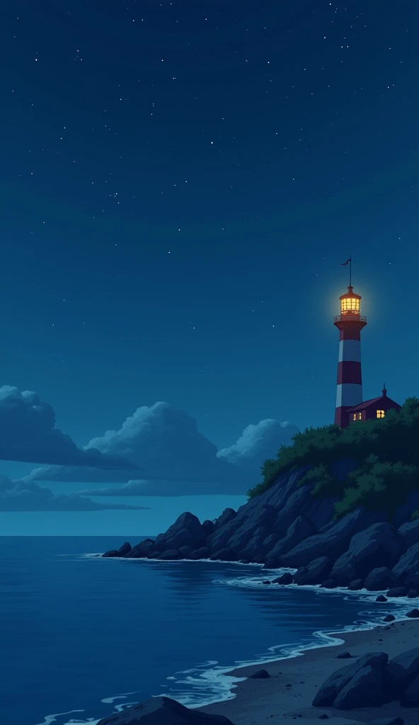 lighthouse on the shores of a calm sea at night in Studio Ghibli style.