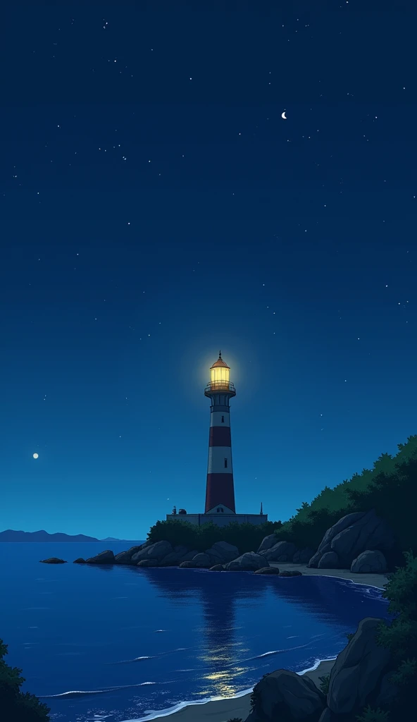lighthouse on the shores of a calm sea at night in Studio Ghibli style.