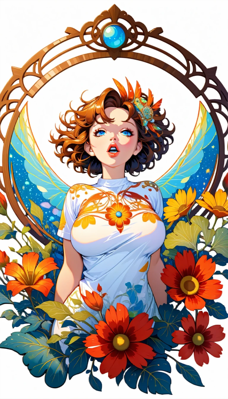 a circle shaped sticker,centered, (((art nouveau illustration ornamental frame mandatory))), intricately detailed t-shirt design ready for print , 2d, disco queen plus size woman looking like in ecstasy Jennifer Connely with full lips and short hairstyle from 80's nude, large boobs visible, torso up, seductive expression, frontal perspective, vibrant colors, white background, vector t-shirt art ready for print, intricate rich extremely complex ornaments illustration,, extremely detailed and complex illustration, high detail, , 8K-AR, Pro Vector, high quality, vibrant colors, digital art, 8k, clean lines style, intricate high details, white background