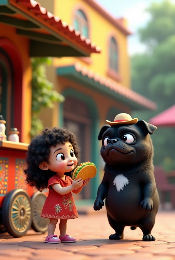 Black pug with a white spot on his chest selling tacos next to a chubby girl